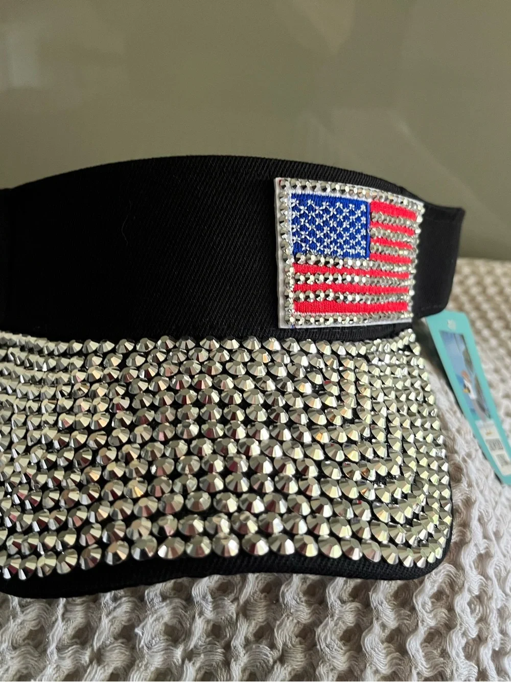 Snowbird living Black Crystal Visor with American Flag Patch 483